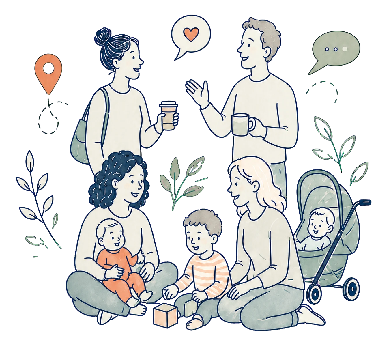 Illustration: Eltern aus der Region kommen mit ihren Kindern zusammen