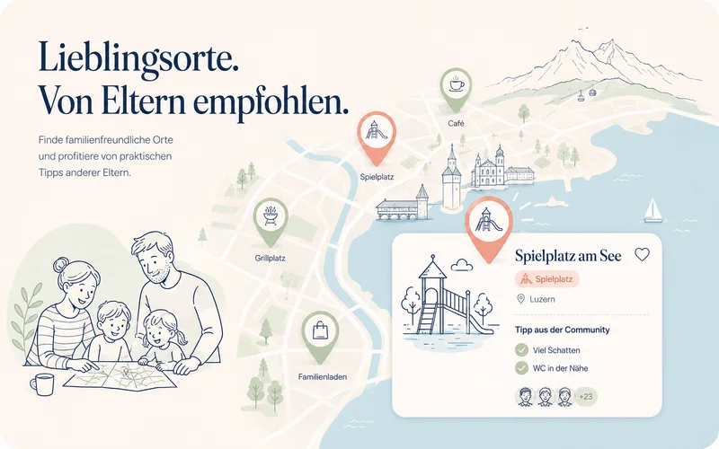 Illustration einer Eltern-Karte mit empfohlenen Spielplätzen, Cafés und Familienorten