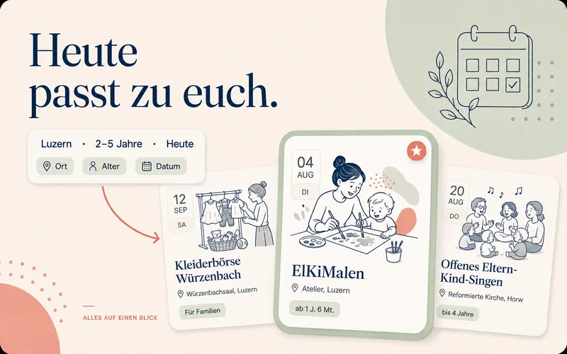 Illustration des Familienkalenders mit passenden Veranstaltungen nach Ort, Alter und Datum